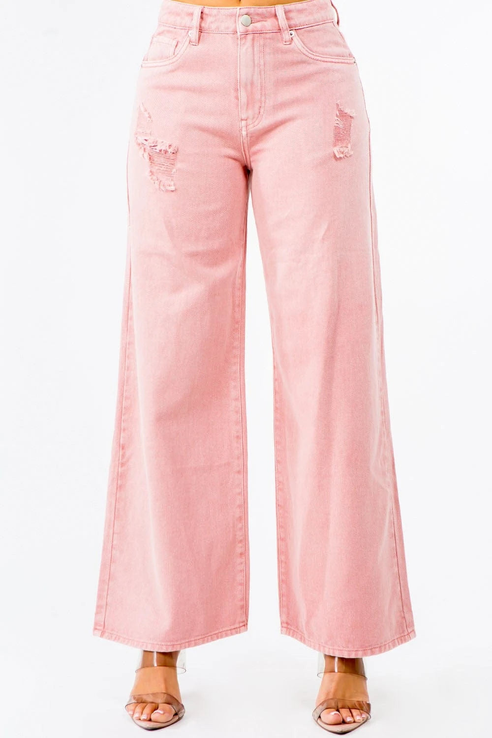 American Bazi High Waist Distressed Wide Leg Jeans - Trendsi