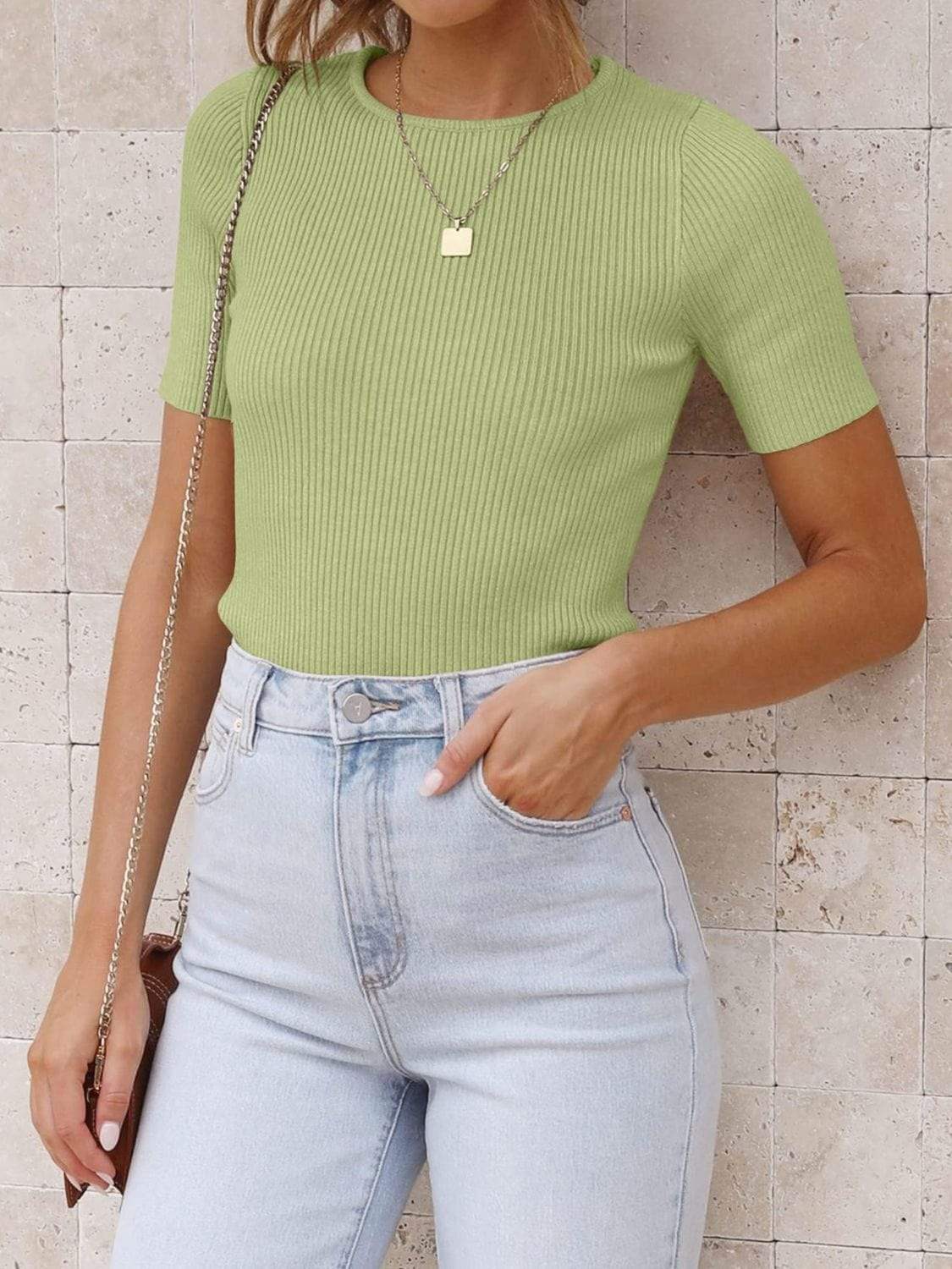 Mandy Ribbed Round Neck Short Sleeve Knit Top - Trendsi - Flyclothing LLC