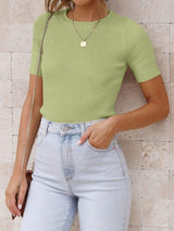 Mandy Ribbed Round Neck Short Sleeve Knit Top - Trendsi - Flyclothing LLC