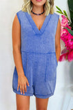 Mineral Wash Pocketed Sleeveless V Neck Loose Romper - Trendsi