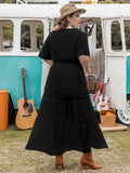 Plus Size Tie Neck Flutter Sleeve Dress - Trendsi