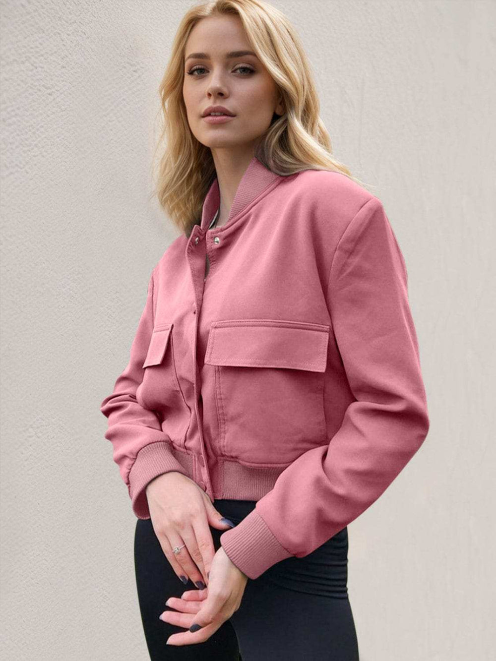 Pocketed Snap Down Baseball Collar Jacket - Trendsi - Flyclothing LLC