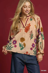 Umgee Floral Print Flounce Sleeve Blouse - Trendsi - Flyclothing LLC