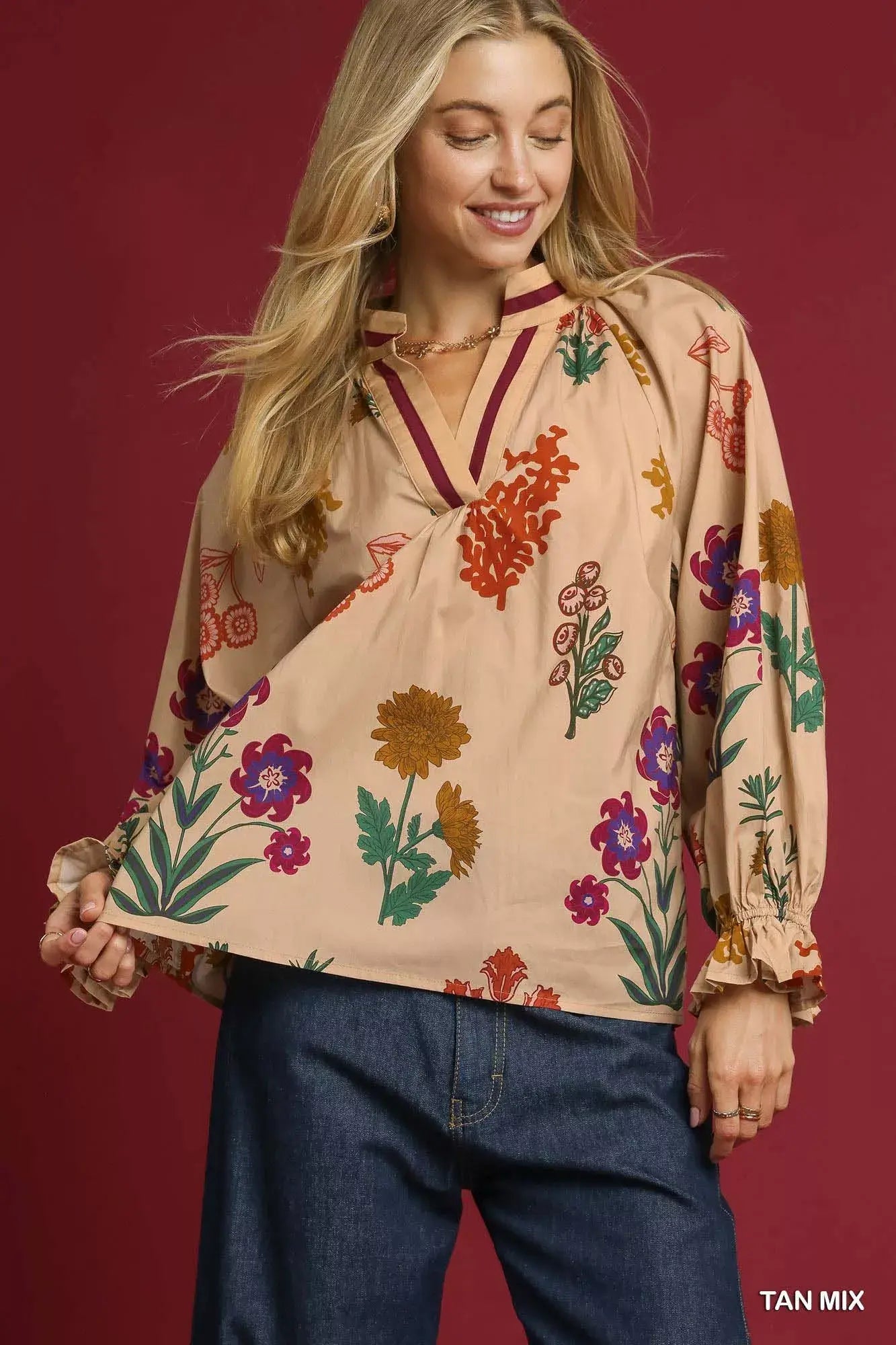 Umgee Floral Print Flounce Sleeve Blouse - Trendsi - Flyclothing LLC