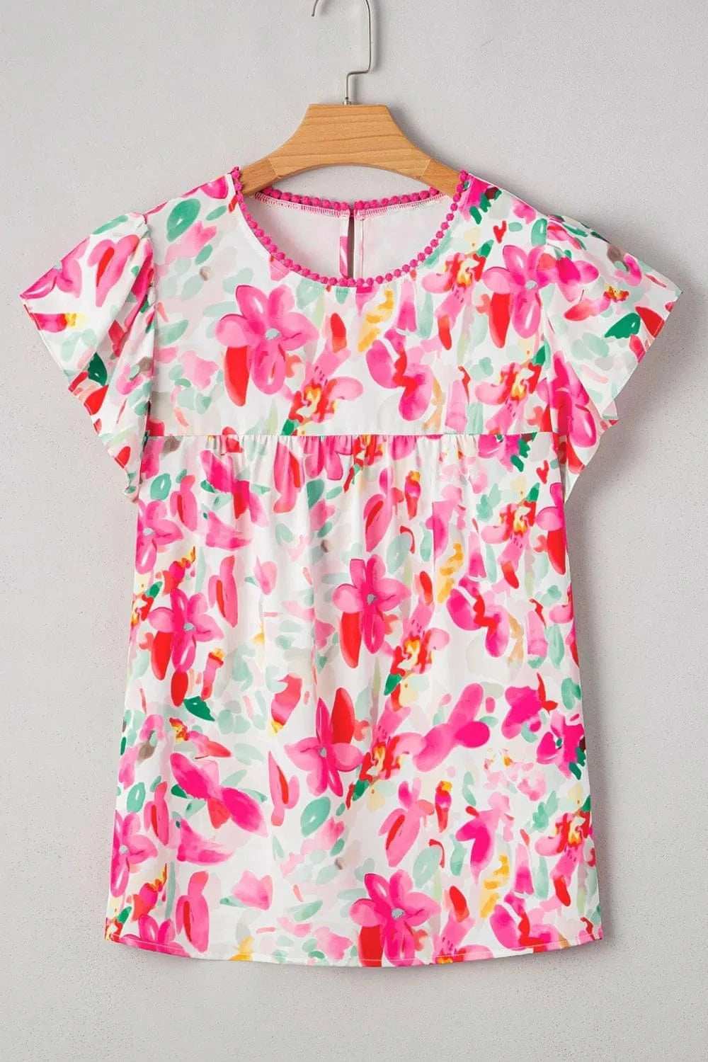 Floral Print Ruffle Sleeve Round Neck Blouse - Trendsi - Flyclothing LLC