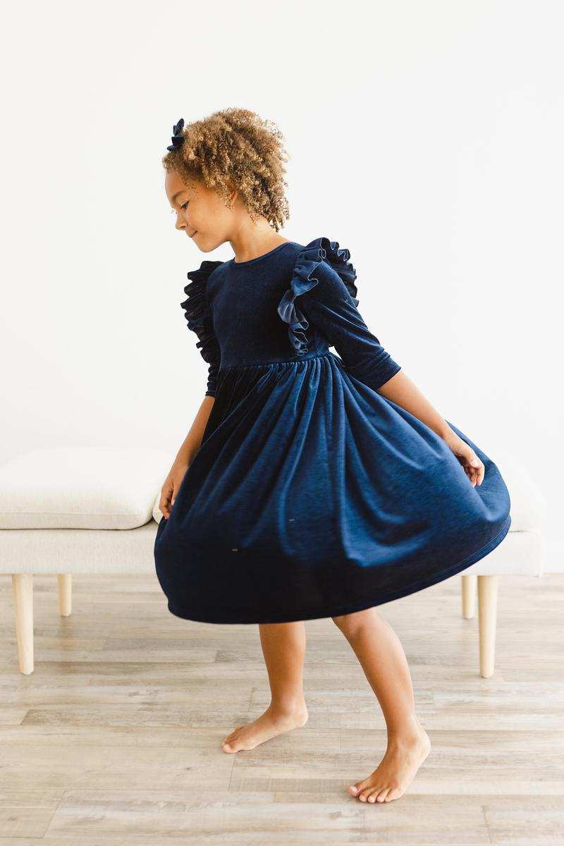 Navy Velvet Ruffle Twirl Dress - Mila & Rose ® - Flyclothing LLC