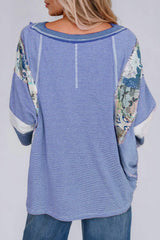 Striped Floral Patchwork Round Neck Top - Trendsi - Flyclothing LLC