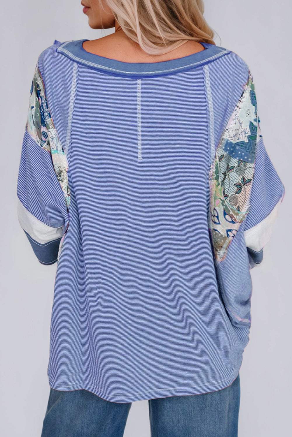 Striped Floral Patchwork Round Neck Top - Trendsi - Flyclothing LLC