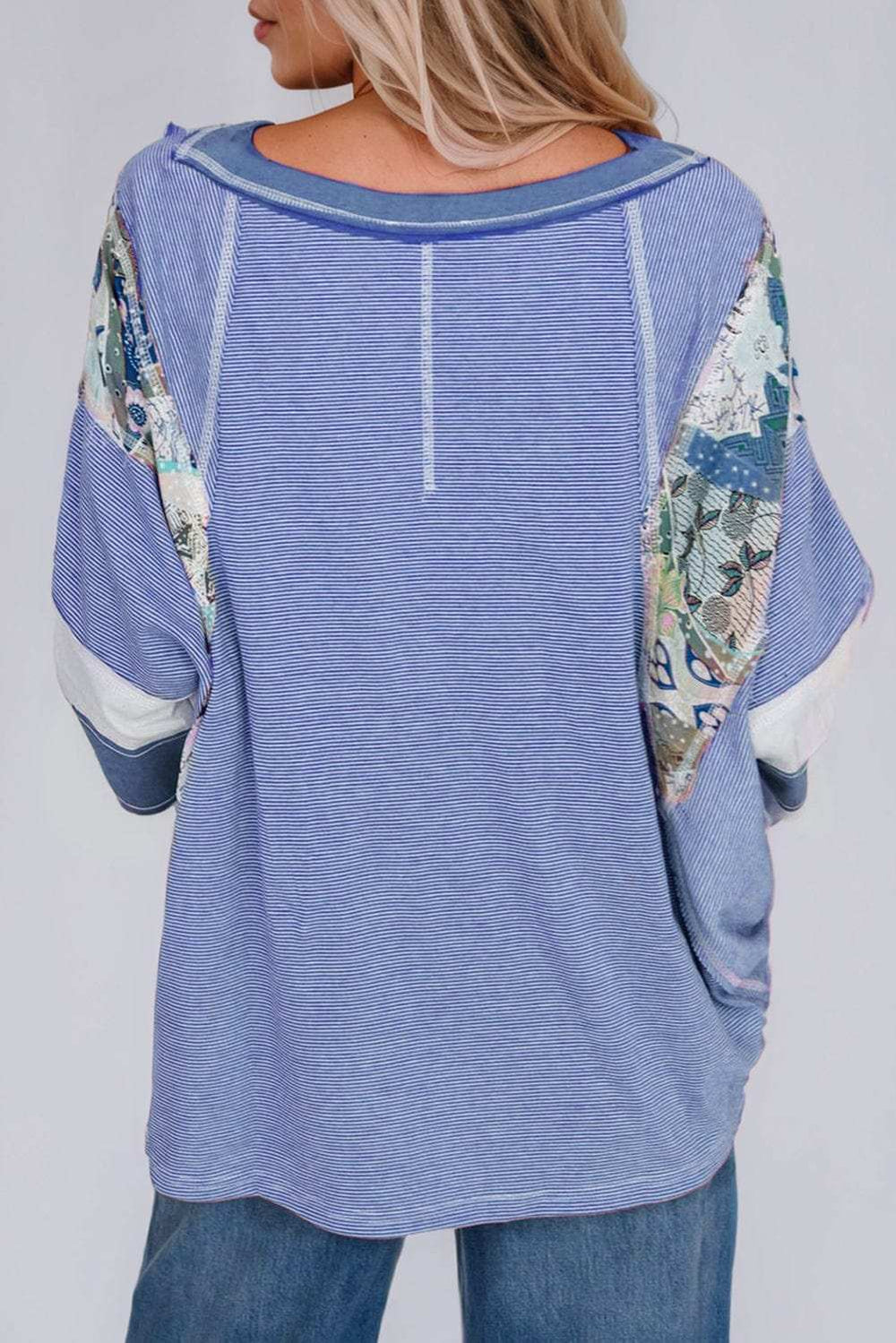 Striped Floral Patchwork Round Neck Top - Trendsi - Flyclothing LLC
