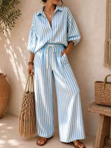 Full Size Striped Puff Sleeve Shirt and Wide-Leg Drawstring Pants Set Plus Size - Trendsi - Flyclothing LLC