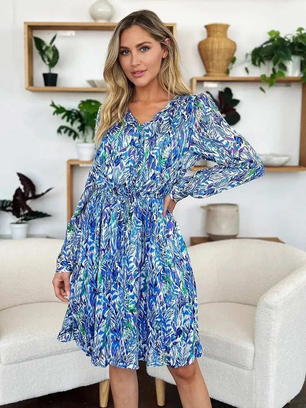 Double Take Full Size Printed Drawstring Waist Long Sleeve Dress - Trendsi - Flyclothing LLC