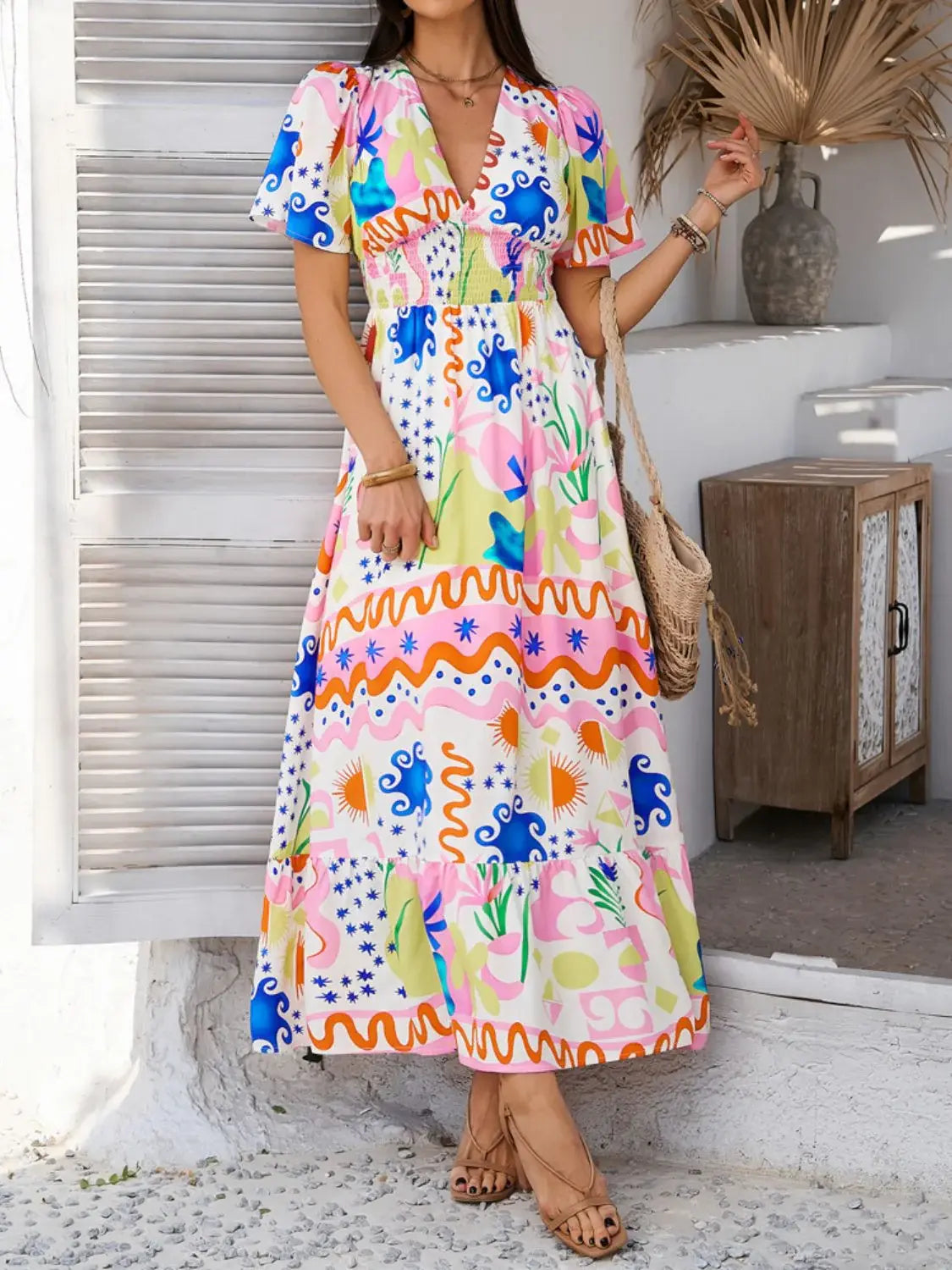 Devine Smocked Printed V-Neck Short Sleeve Maxi Dress - Trendsi - Flyclothing LLC