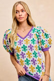 BiBi Mardi Gras Fleur De Lis Patterned V Neck Knit Top - Trendsi - Flyclothing LLC