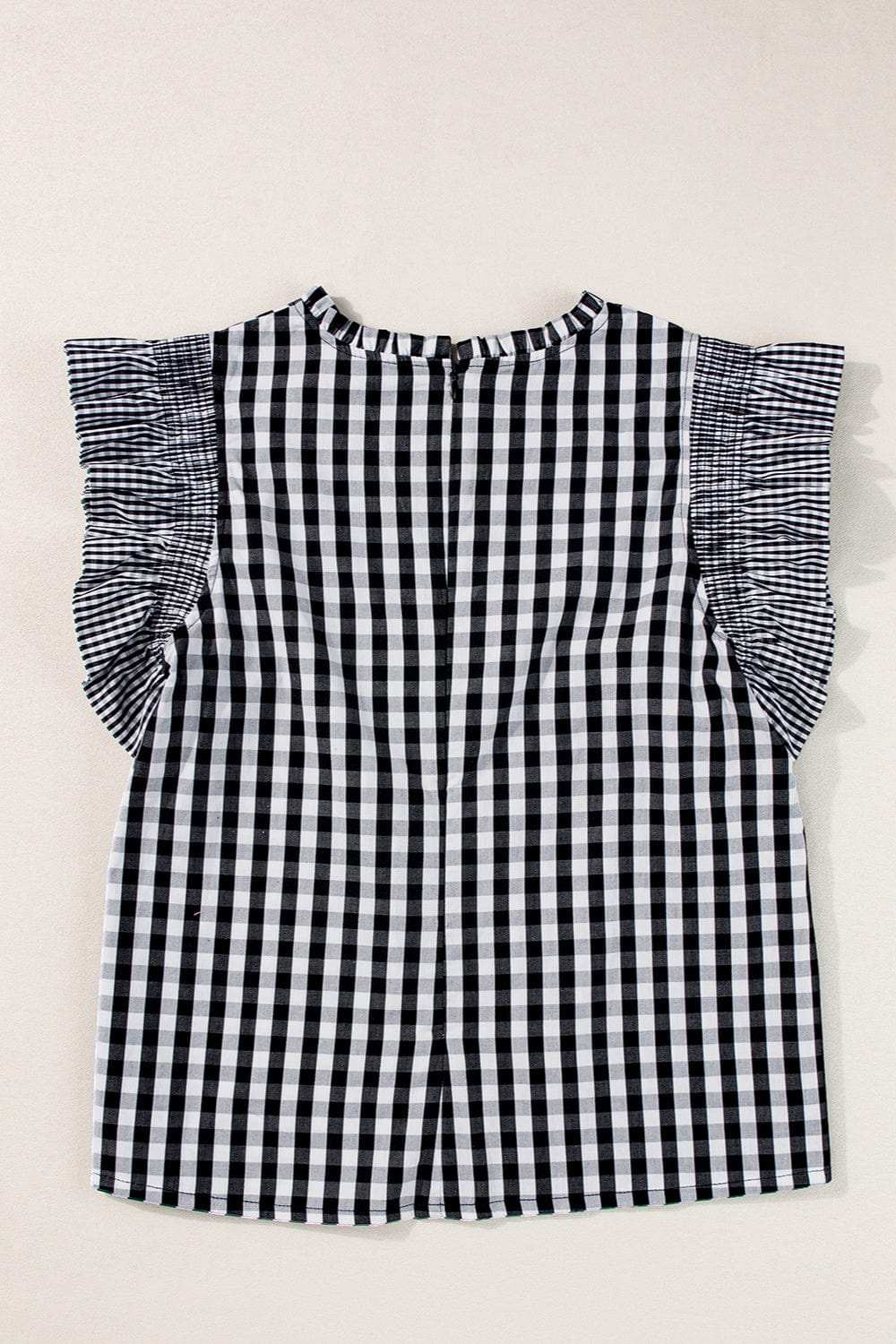 Ruffled Plaid Mock Neck Cap Sleeve Blouse - Trendsi - Flyclothing LLC
