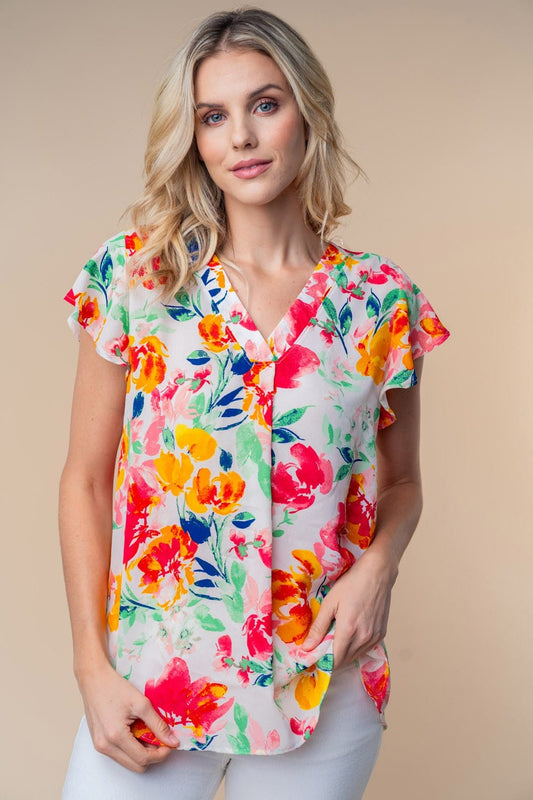 White Birch Full Size Short Sleeve Floral Woven Top Trendsi