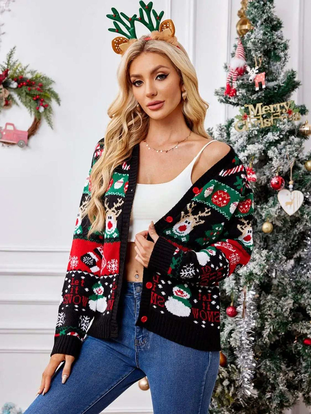 Reindeer Button Up Long Sleeve Cardigan - Trendsi - Flyclothing LLC