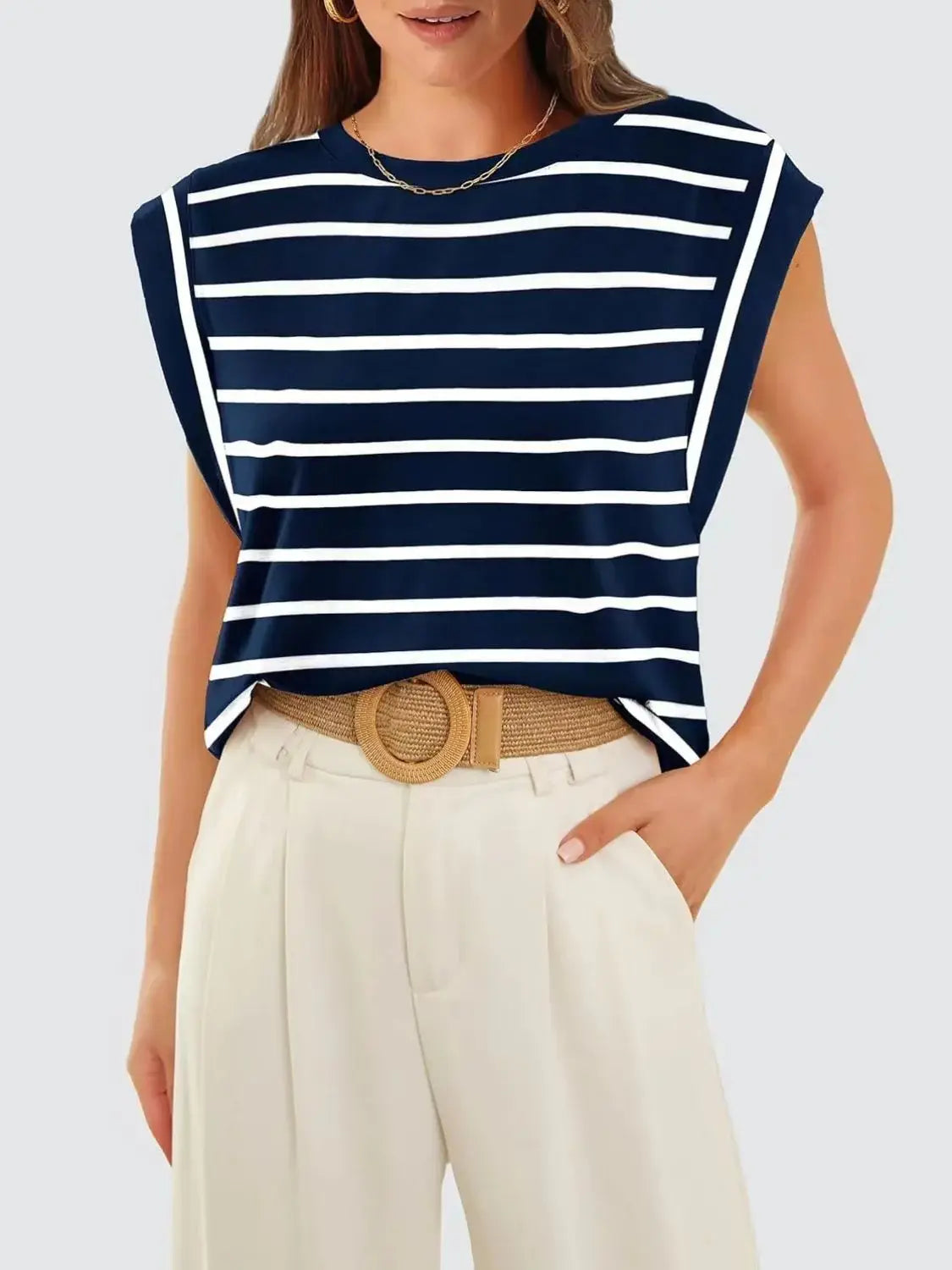 Florira Striped Round Neck Cap Sleeve T-Shirt - Trendsi - Flyclothing LLC