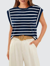 Florira Striped Round Neck Cap Sleeve T-Shirt - Trendsi - Flyclothing LLC