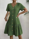 Full Size Button-Front Short Sleeve Tiered Dress Plus Size - Trendsi - Flyclothing LLC