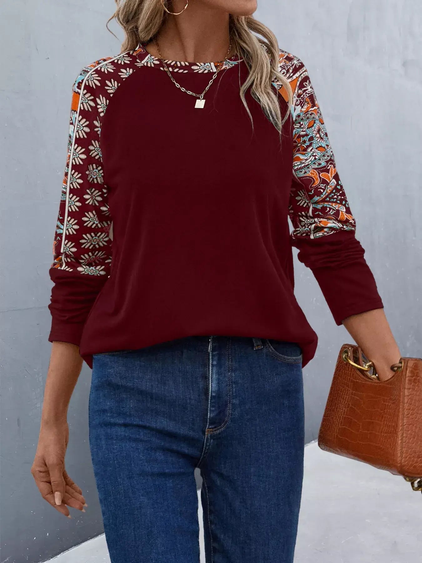 Printed Raglan Sleeve Round Neck T-Shirt - Trendsi - Flyclothing LLC