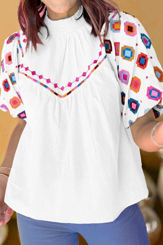 Printed Mock Neck Puff Sleeve Blouse - Trendsi - Flyclothing LLC