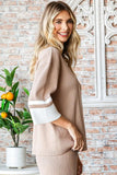 First Love Contrast V Neck Ribbed Knit Top - Trendsi
