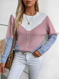 Color Block Round Neck Long Sleeve Sweater - Trendsi