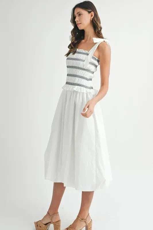 MABLE Smocked Bodice Bubble Midi Dress - Trendsi - Flyclothing LLC