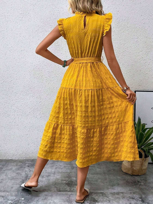 Tied Ruffled Cap Sleeve Midi Dress - Trendsi - Flyclothing LLC