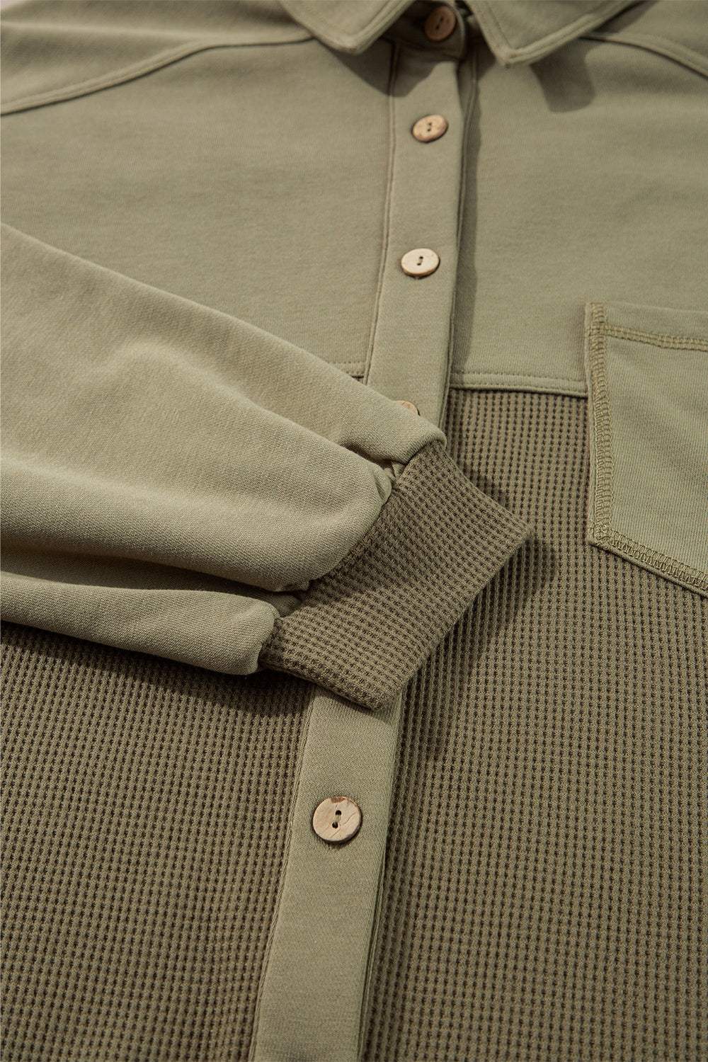 Waffle-Knit Collared Neck Long Sleeve Shacket - Trendsi - Flyclothing LLC