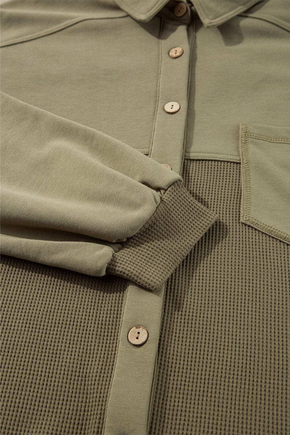 Waffle-Knit Collared Neck Long Sleeve Shacket - Trendsi - Flyclothing LLC