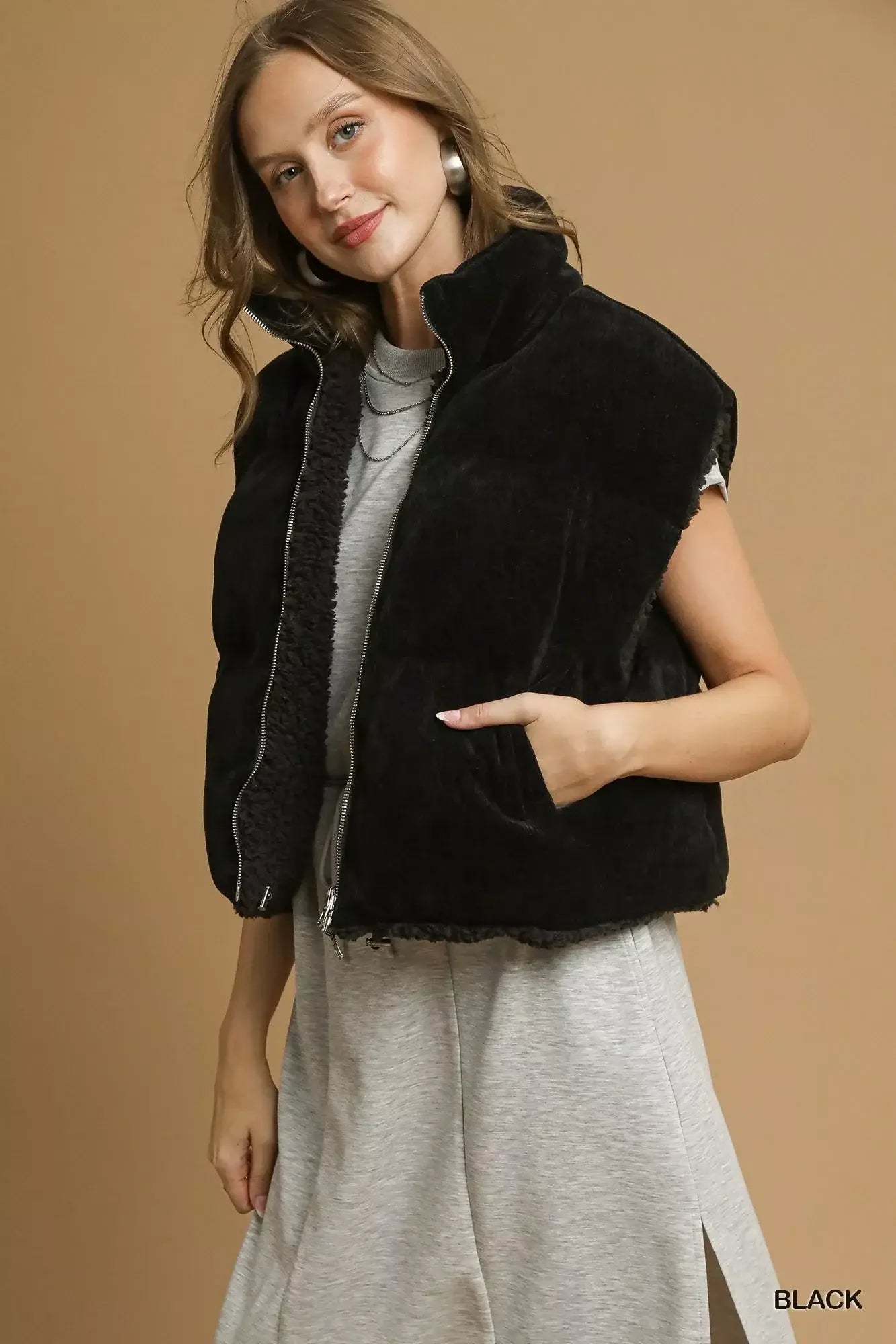 Umgee Sherpa-Lined Zip Vest with Drawstring Hem - Trendsi - Flyclothing LLC