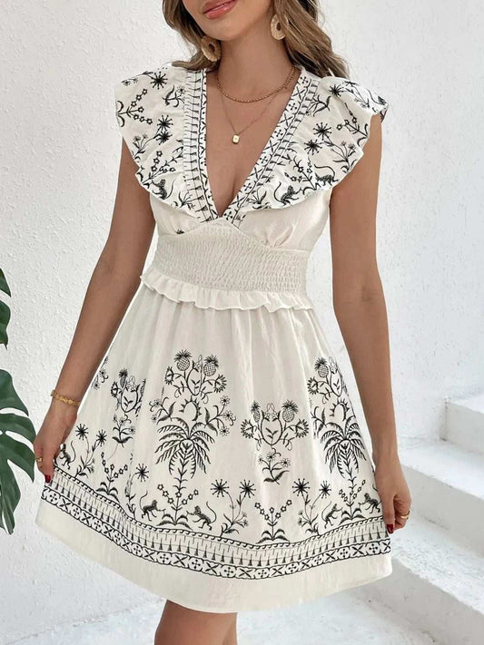 Smocked Ruffled Cap Sleeve Mini Dress - Trendsi - Flyclothing LLC