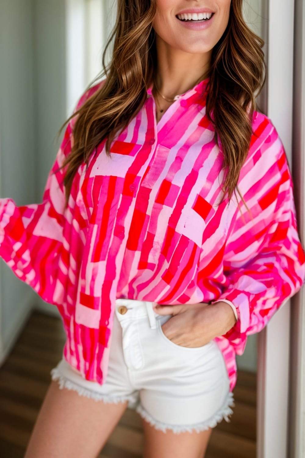Color Block Collared Neck Long Sleeve Shirt - Trendsi - Flyclothing LLC