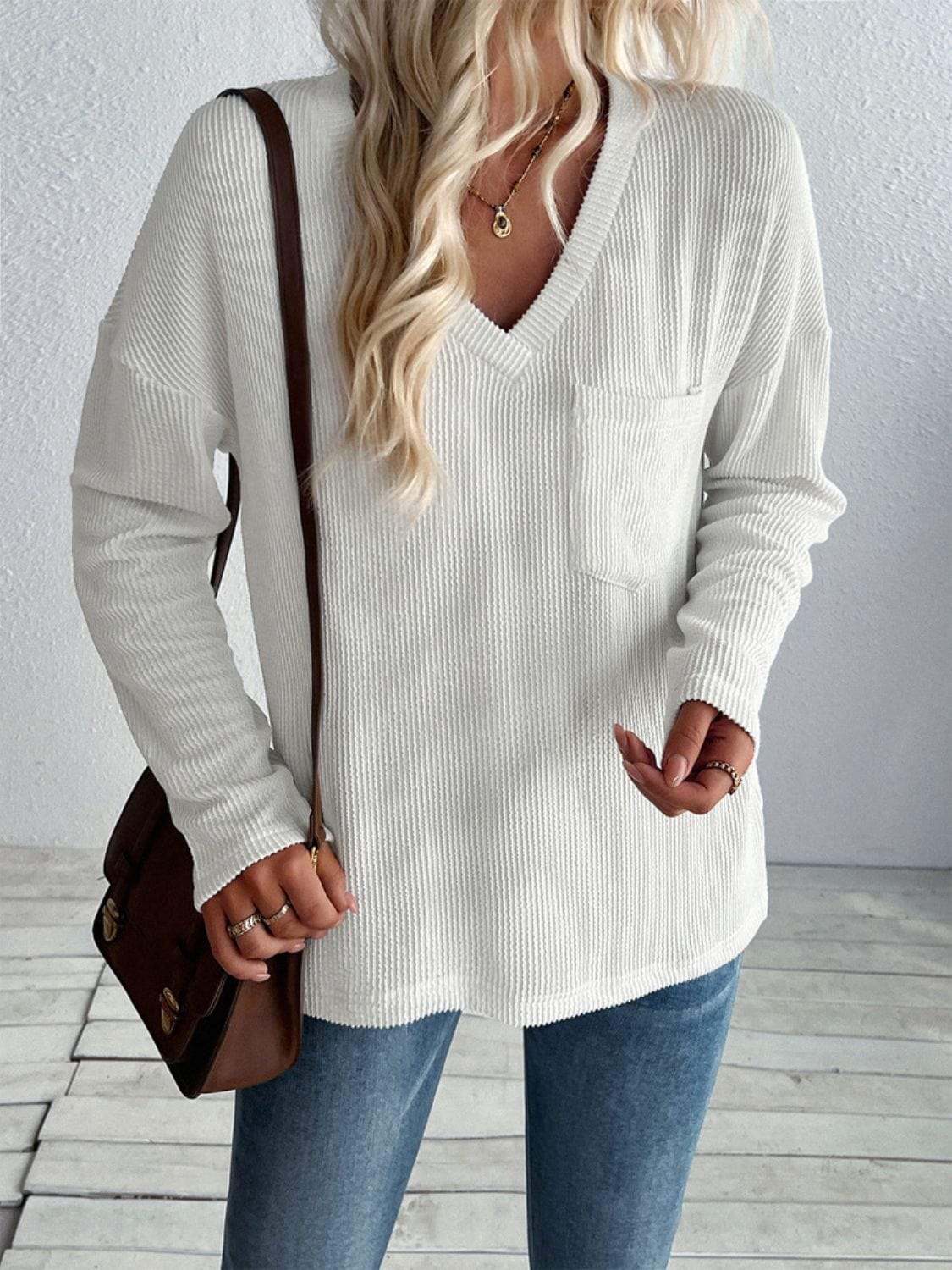 Double Take Pocketed Textured V-Neck Long Sleeve T-Shirt - Trendsi - Flyclothing LLC