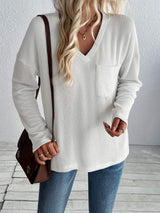 Double Take Pocketed Textured V-Neck Long Sleeve T-Shirt - Trendsi - Flyclothing LLC