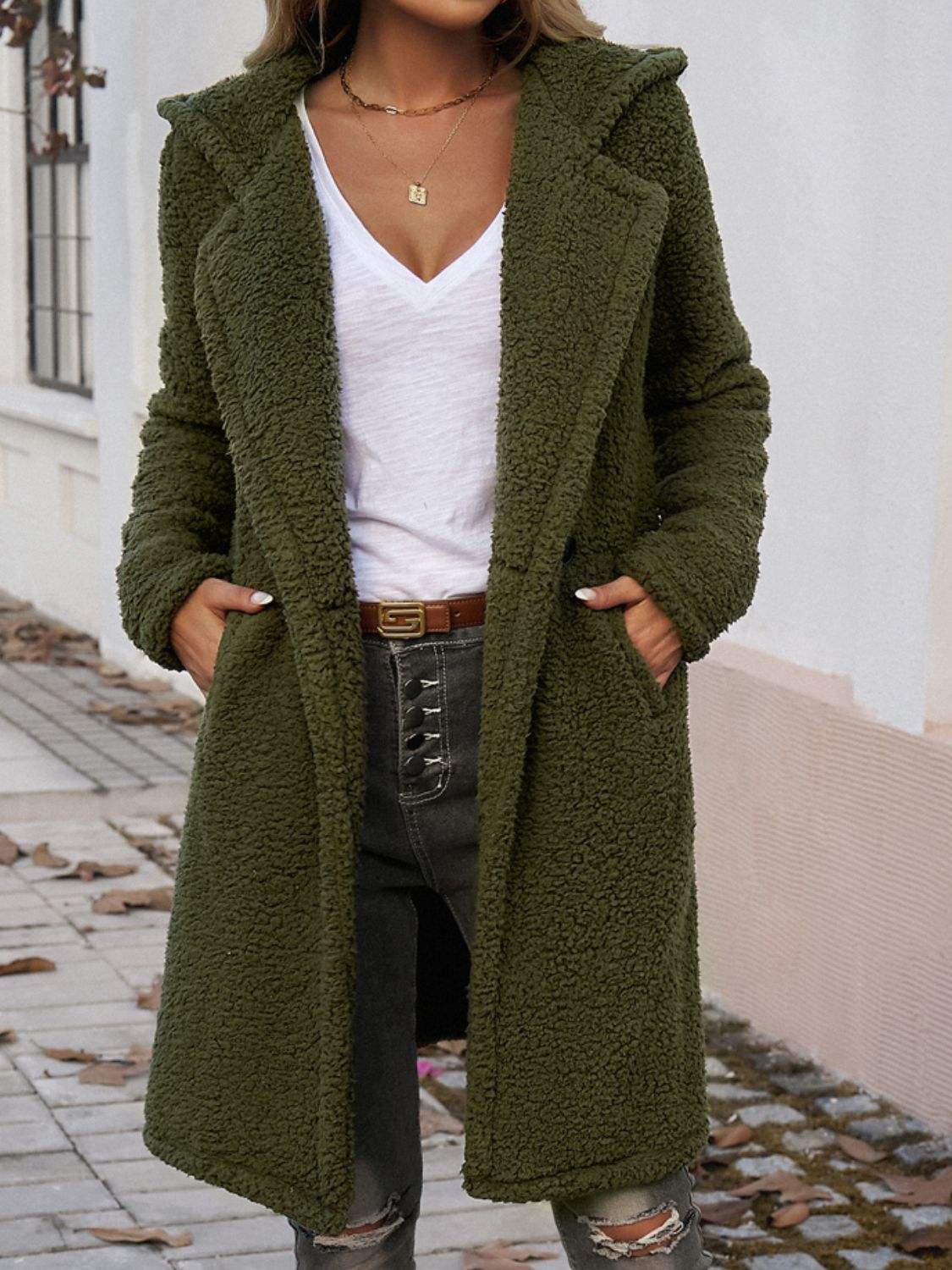 Devine Pocketed Long Sleeve Hooded Teddy Coat - Trendsi - Flyclothing LLC