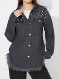 Raw Hem Pearl Trim Collared Neck Denim Top - Trendsi - Flyclothing LLC