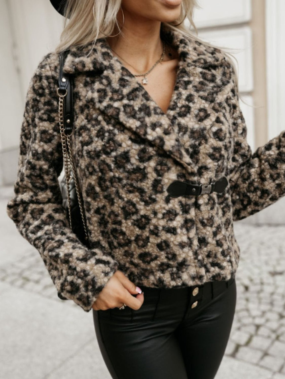 Fuzzy Animal Print Collared Neck Coat - Trendsi