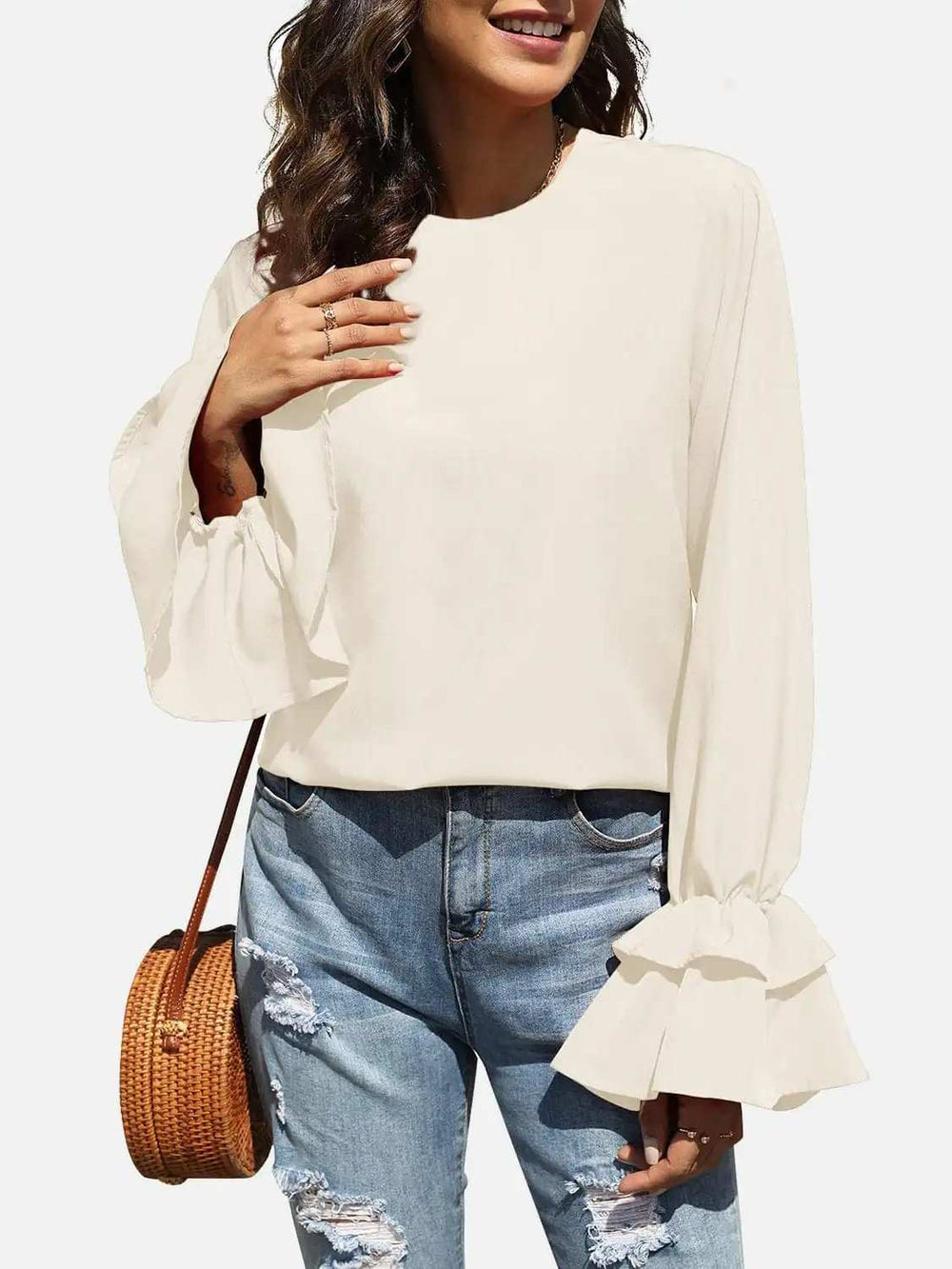 Round Neck Double-Layered Flounce Sleeve Top - Trendsi - Flyclothing LLC