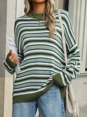 Striped Mock Neck Long Sleeve Sweater - Trendsi
