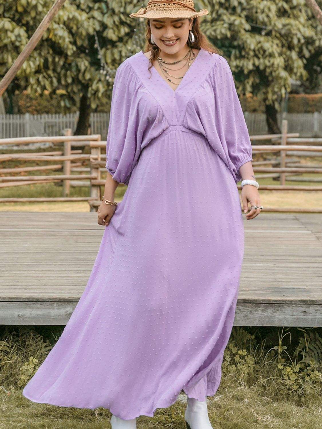 Plus Size Swiss Dot V-Neck Midi Dress - Trendsi - Flyclothing LLC