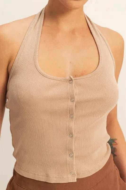 HYFVE Halter Neck Buttoned Washed Top - Trendsi - Flyclothing LLC