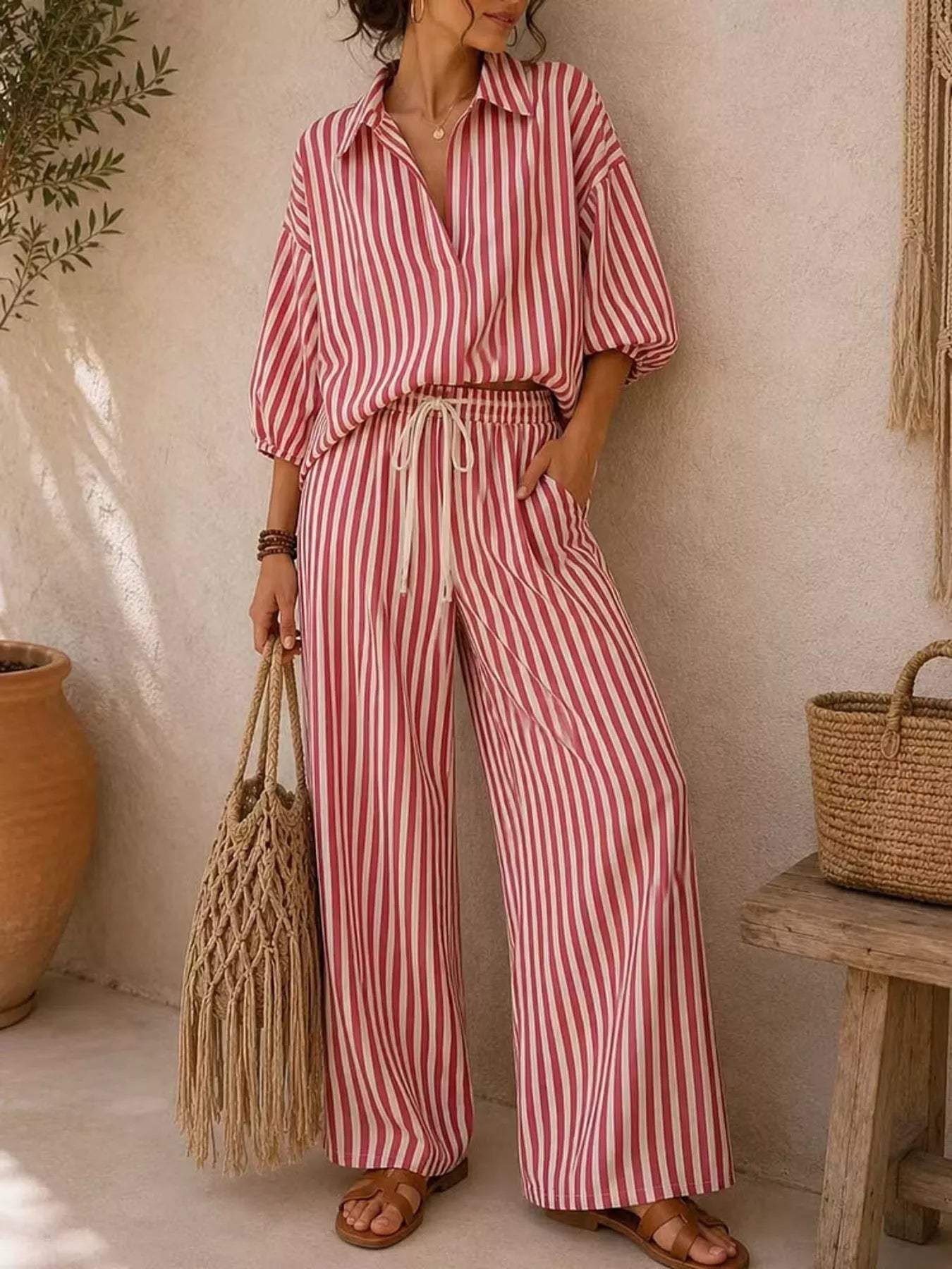Full Size Striped Puff Sleeve Shirt and Wide-Leg Drawstring Pants Set Plus Size - Trendsi - Flyclothing LLC