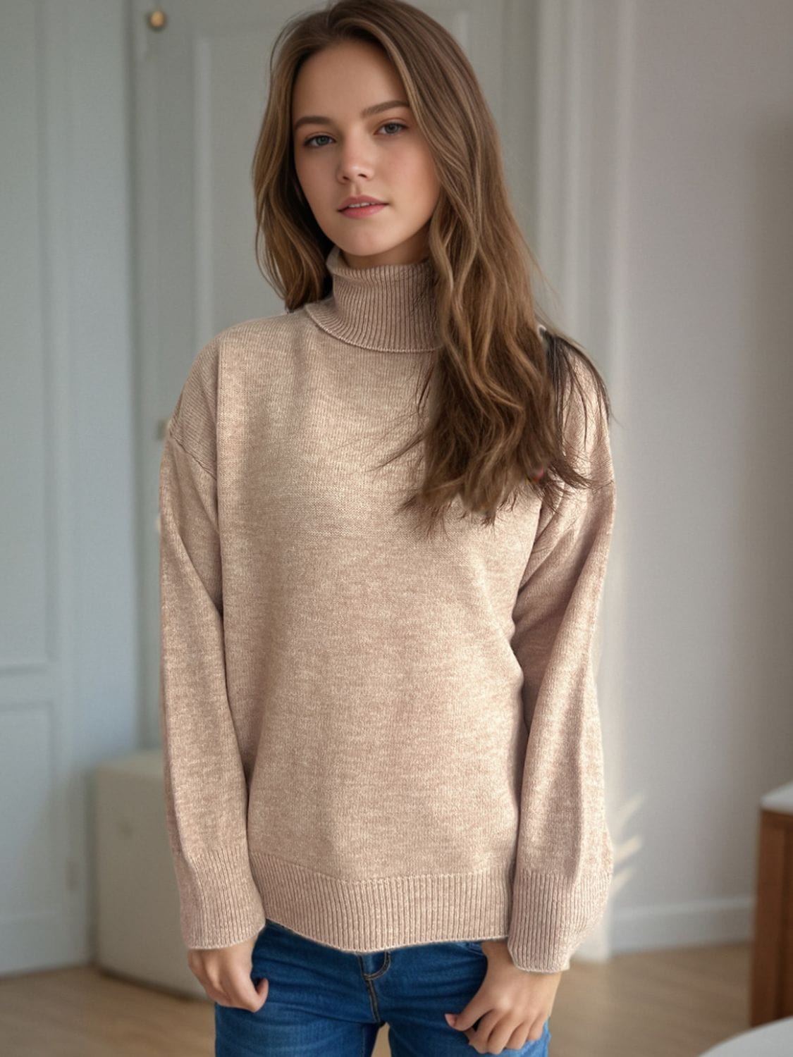 Turtleneck Dropped Shoulder Long Sleeve Sweater - Trendsi