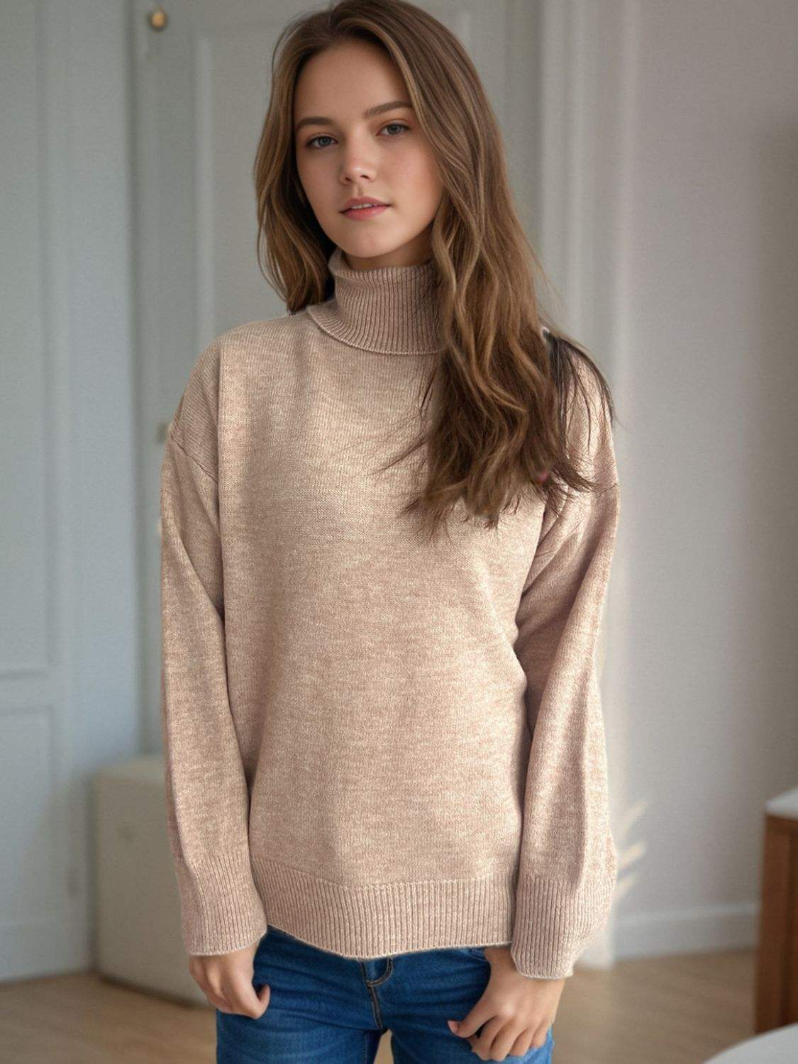 Turtleneck Dropped Shoulder Long Sleeve Sweater - Trendsi - Flyclothing LLC