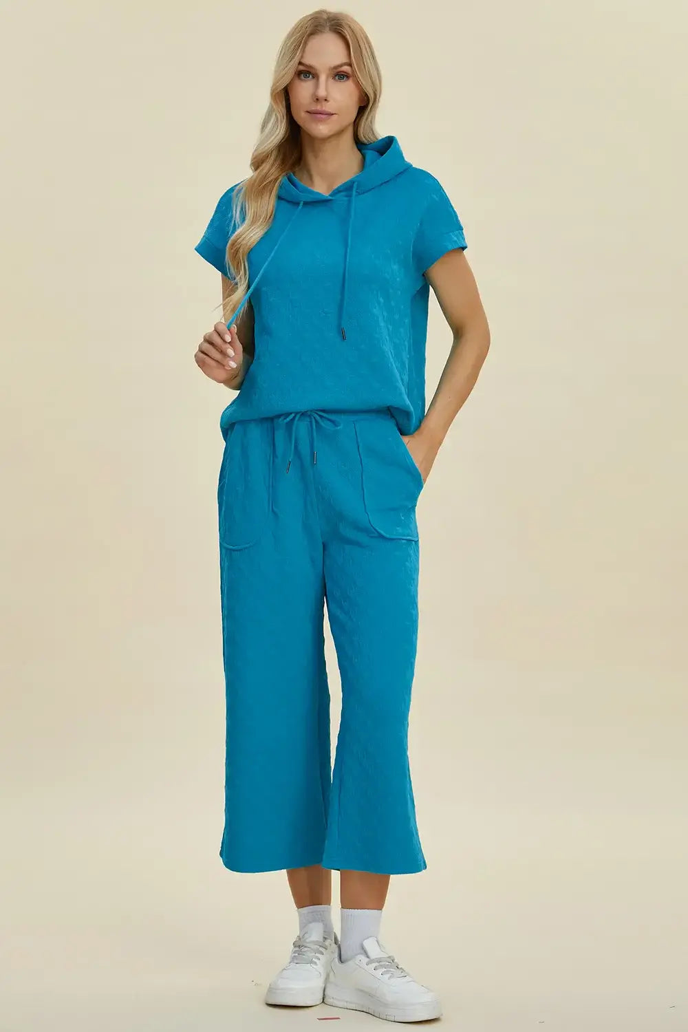 Double Take Full Size Texture Drawstring Short Sleeve Hoodie and Pocketed Pants Set - Trendsi - Flyclothing LLC