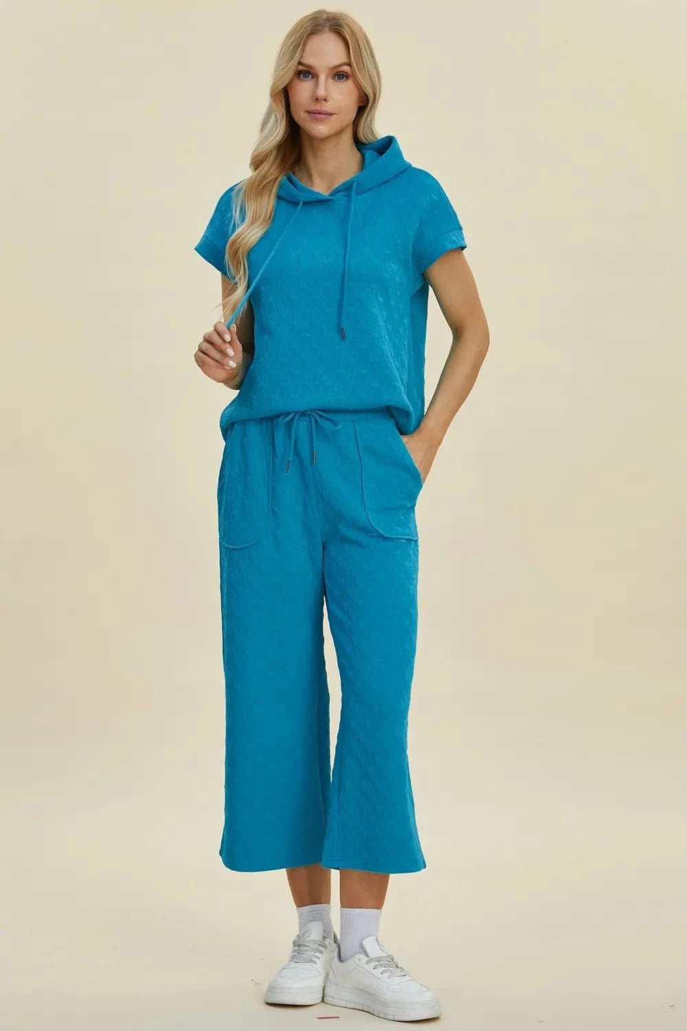 Double Take Full Size Texture Drawstring Short Sleeve Hoodie and Pocketed Pants Set - Trendsi - Flyclothing LLC