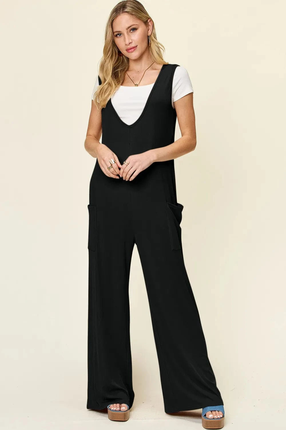 Double Take Full Size Sleeveless Wide Leg Jumpsuit with Pockets - Trendsi