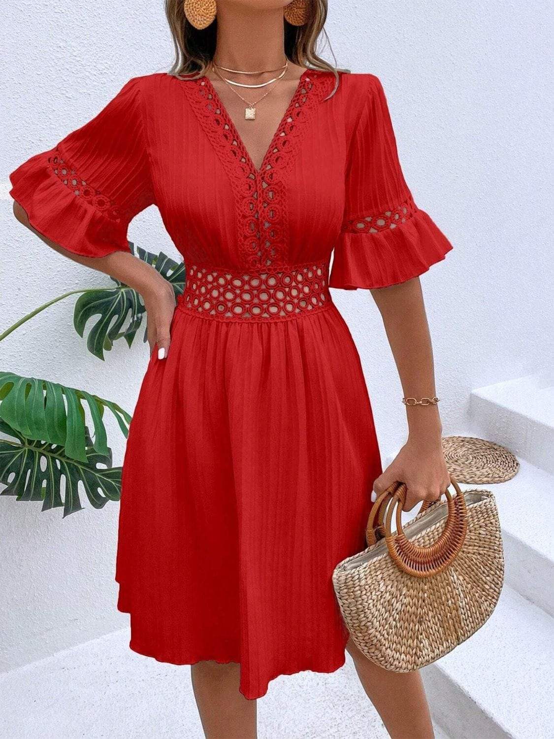 Cutout V-Neck Flounce Sleeve Mini Dress - Trendsi - Flyclothing LLC